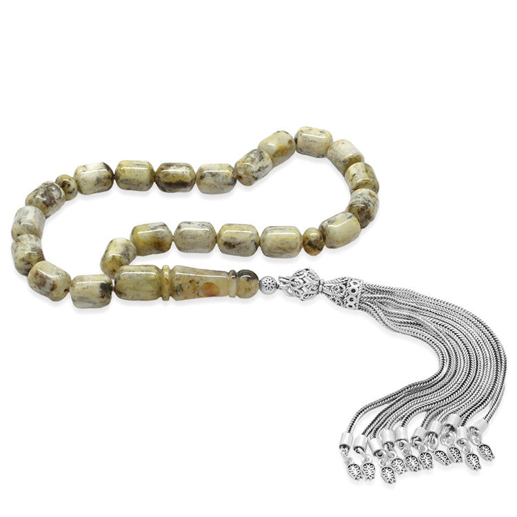 925 Sterling Silver Tasseled Capsule Cut Dalmatian Drop Amber Efe Rosary