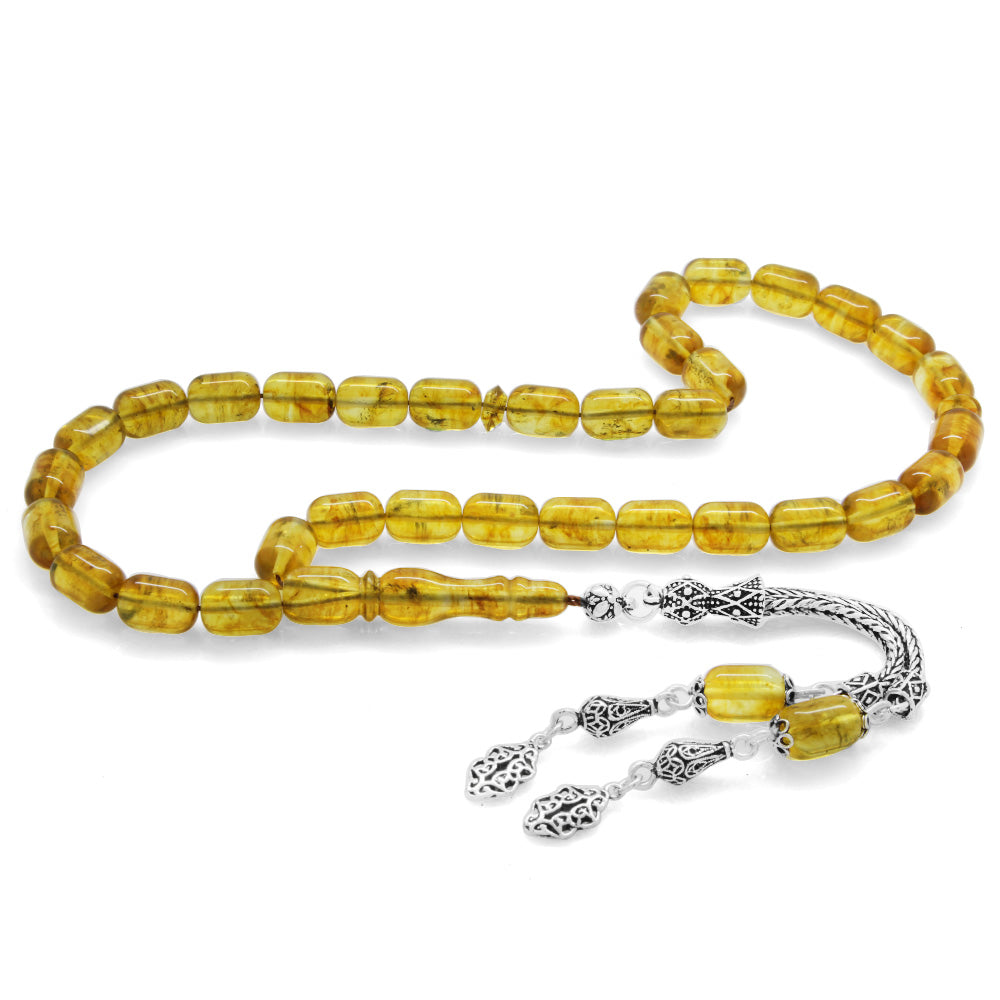 925 Sterling Silver Fossil Light Yellow Drop Amber Rosary