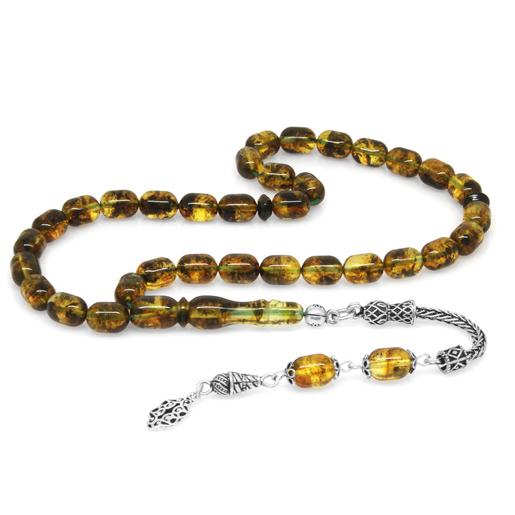 925 Sterling Silver Tasseled  Yellow Drop Amber Rosary