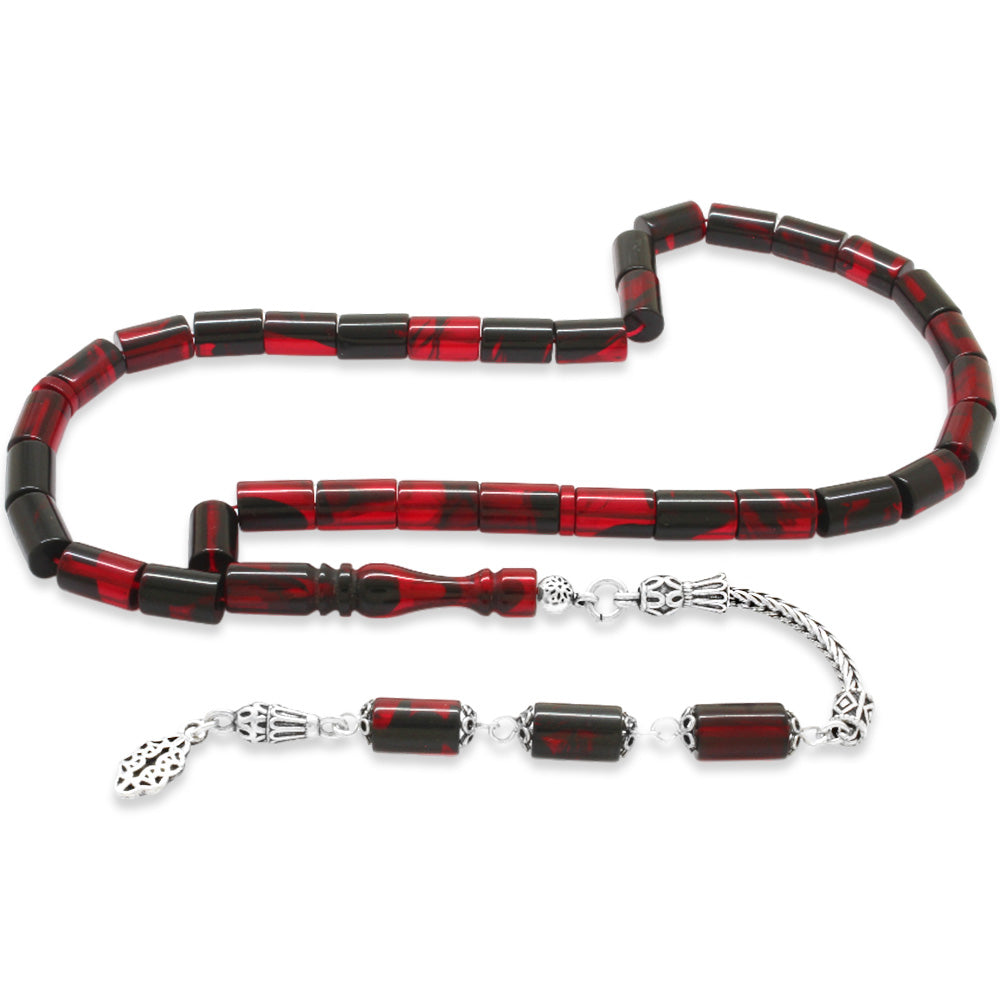 925 Sterling Silver Red-Black Amber Rosary with Tassels