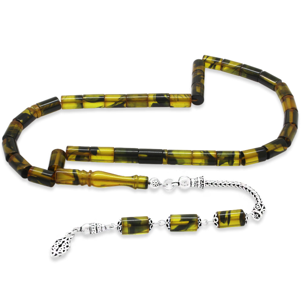 925 Sterling Silver Yellow-Black Amber Rosary with Tassels