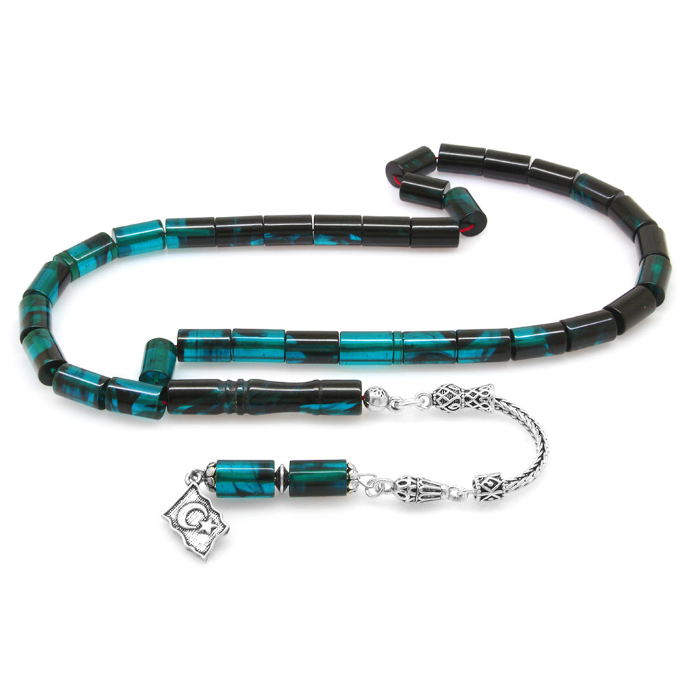 925 Sterling Silver Turquoise-Black Fire Amber Rosary
