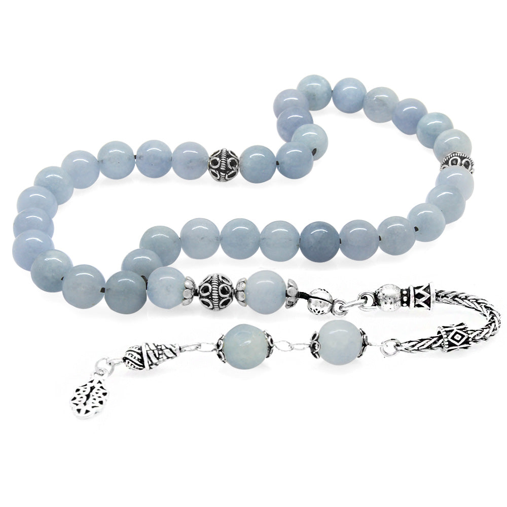 925 Sterling Silver Tasseled Aquamarin Natural Stone Prayer Beads