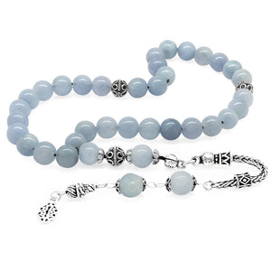 925 Sterling Silver Tasseled Aquamarin Natural Stone Prayer Beads