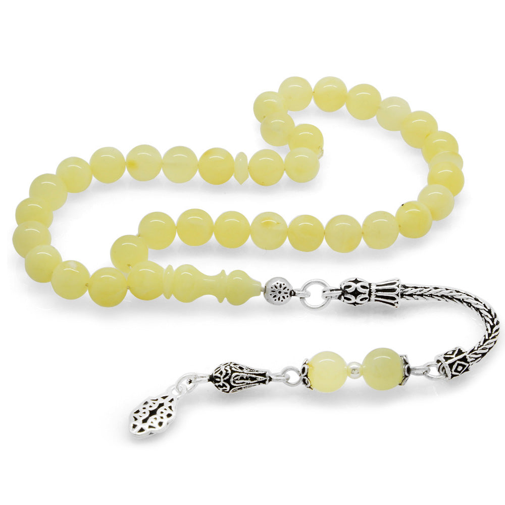 925 Sterling Silver Tasseled Yellow-White Moire Drop Amber Rosary