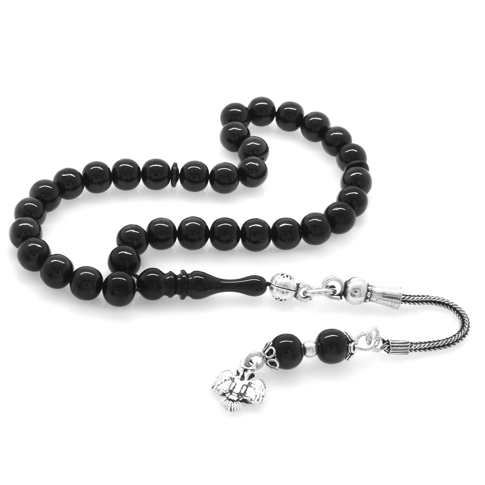 925 Sterling Silver Tasseled Wrist Length Black Amber Rosary
