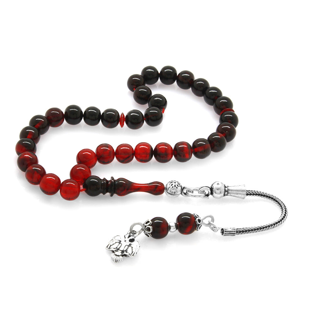 925 Sterling Silver Tasseled Wrist Length Red-Black Amber Rosary