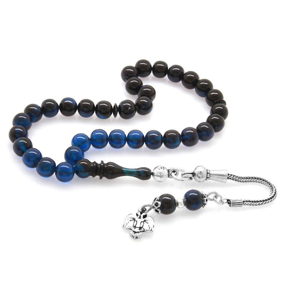925 Sterling Silver Tasseled Wrist Length Blue-Black Amber Rosary