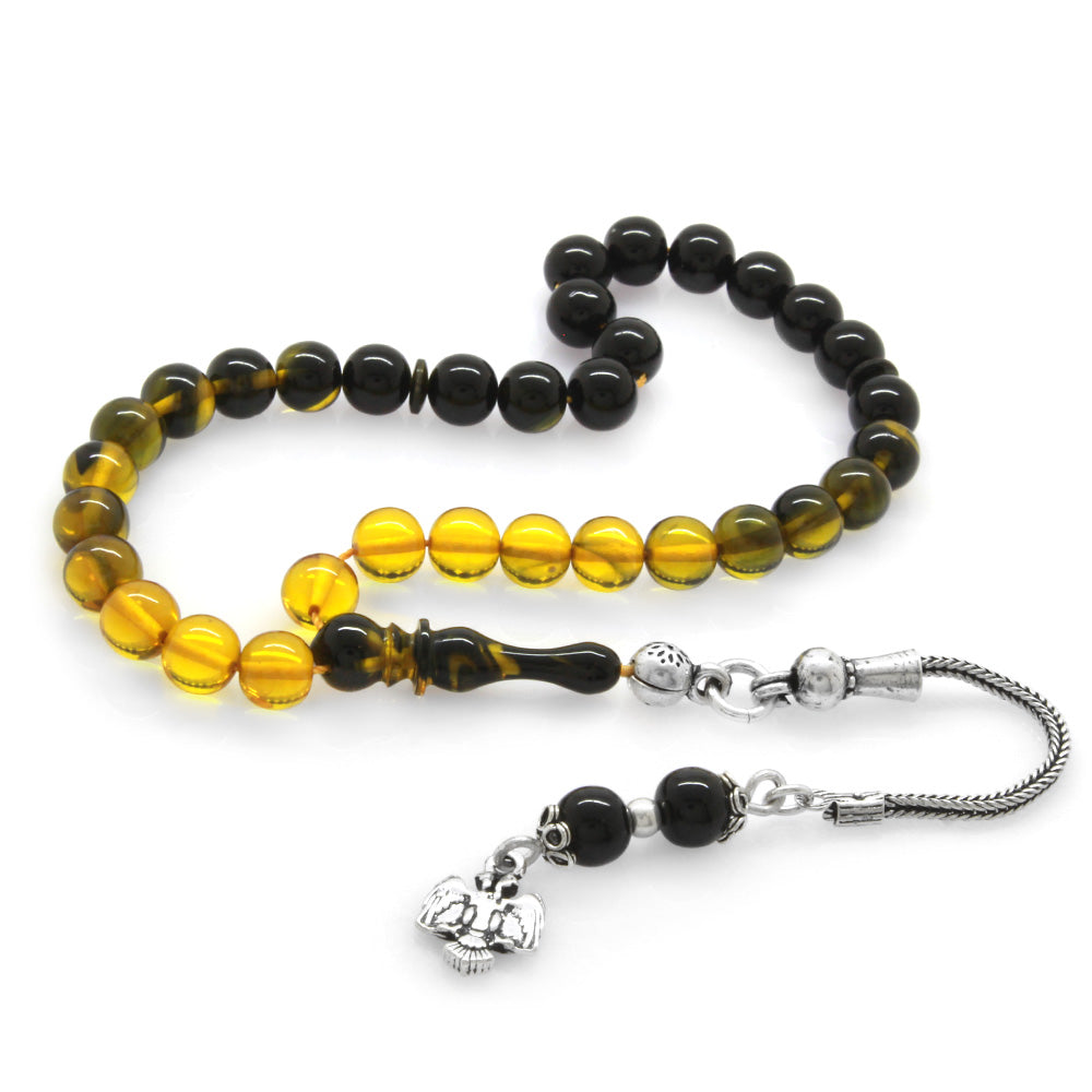 925 Sterling Silver Tasseled Wrist Length Yellow-Black Amber Rosary