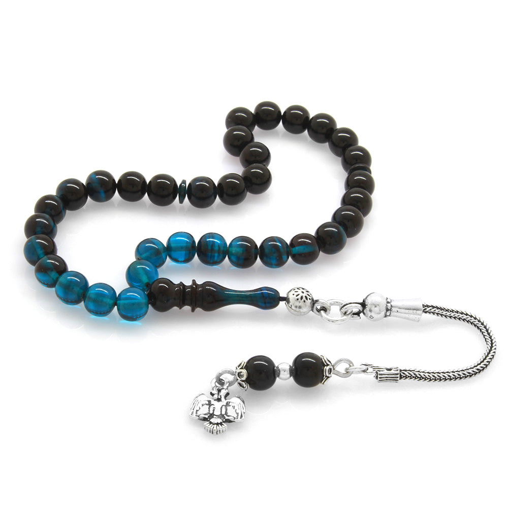 925 Sterling Silver Tasseled Wrist Length Turquoise-Black Amber Rosary