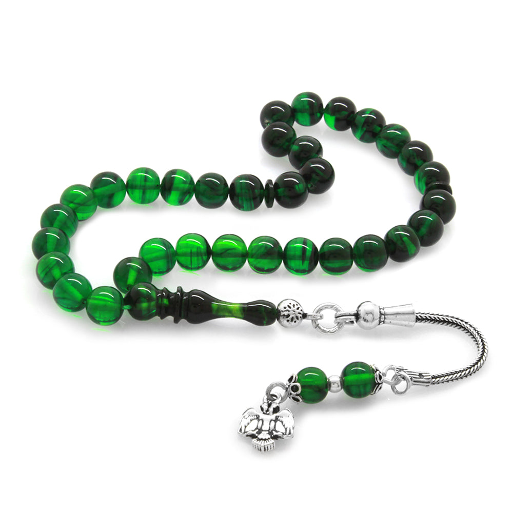 925 Sterling Silver Tasseled Wrist Length Green-Black Amber Rosary