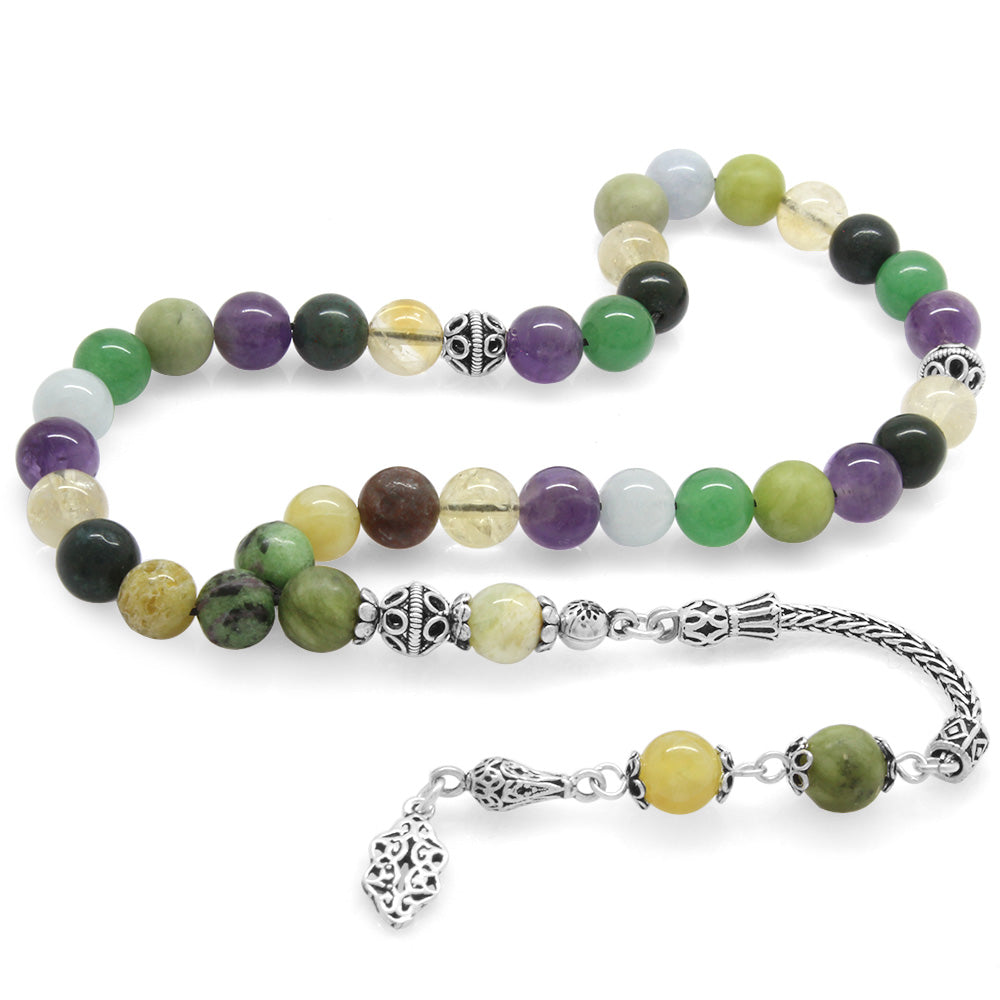 925 Sterling Silver Tasseled  Multiple Natural Stone Combination Healing Rosary