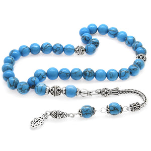 925 Sterling Silver Tasseled Sphere Cut Turquoise-Turquoise Natural Stone Prayer Beads