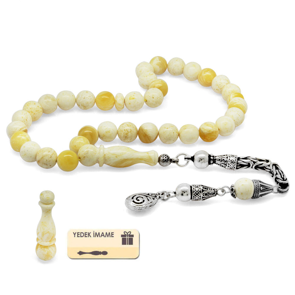 Silver Tasseled King Seccer Yellow-White Moire Amber Rosary