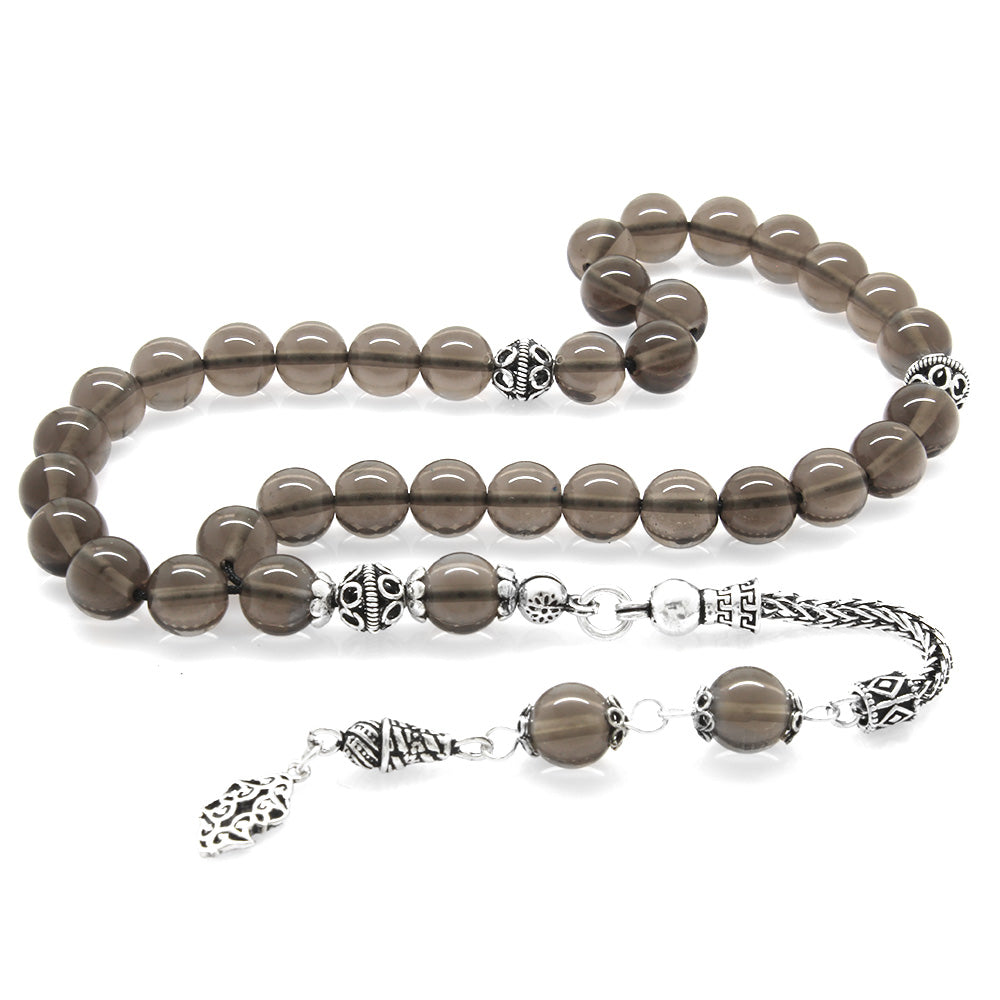 925 Sterling Silver Tasseled Sphere Cut Quartz Natural Stone Prayer Beads