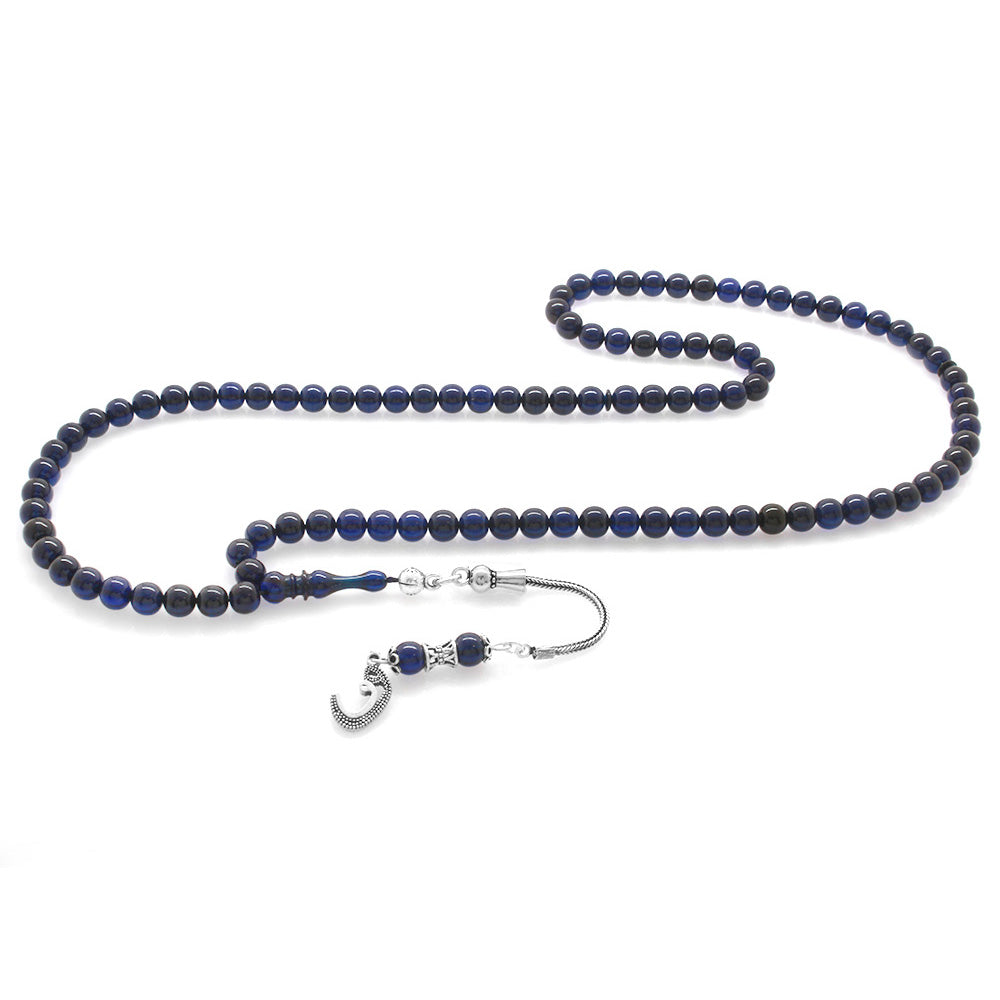 925 Sterling Silver Tasseled Dark Blue Amber Prayer Beads