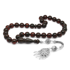 925 Sterling Silver Tasseled Dark Red Color Natural Drop Amber Rosary