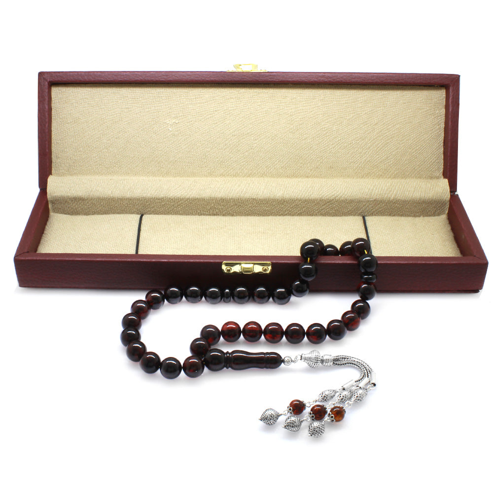 925 Sterling Silver Tasseled  Dark Red Color Natural Drop Amber Rosary