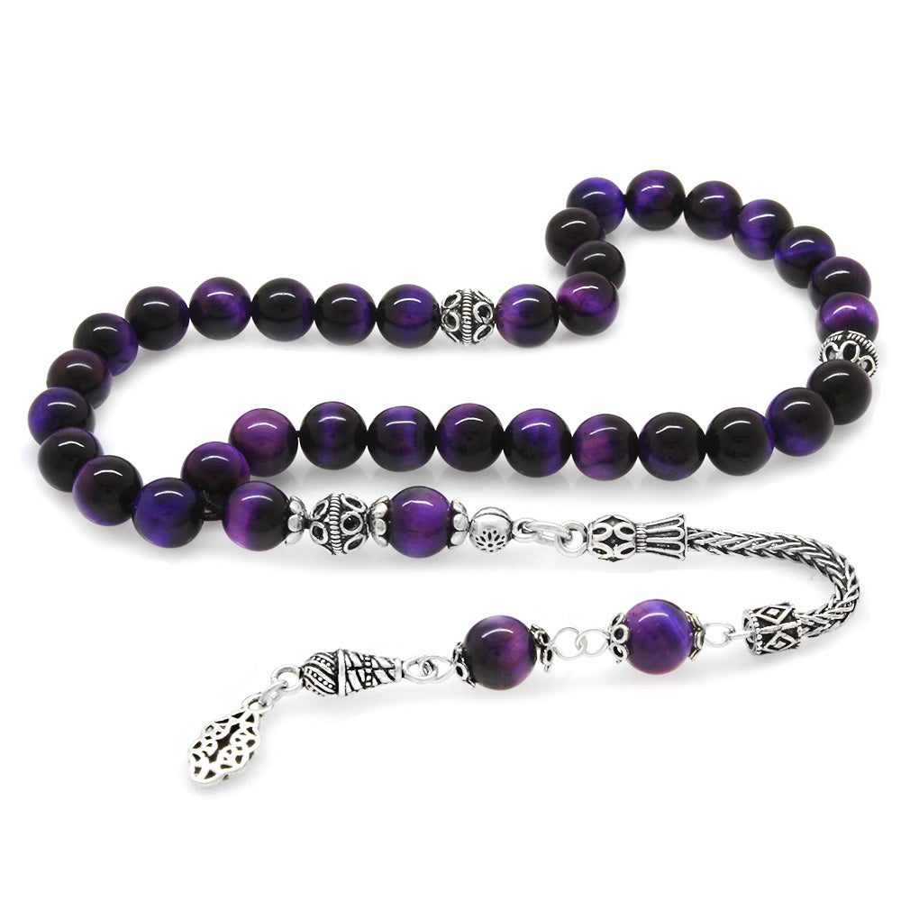 925 Sterling Silver Tasseled Purple Tiger's Eye Natural Stone Prayer Beads