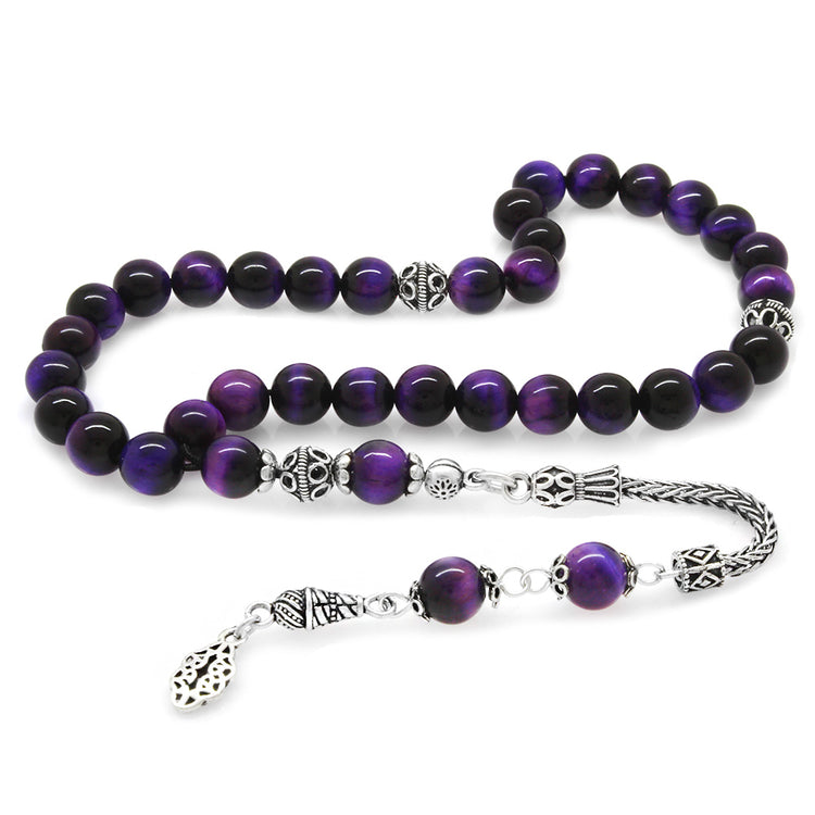 925 Sterling Silver Tasseled Purple Tiger's Eye Natural Stone Prayer Beads