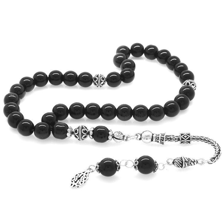 925 Sterling Silver Tasseled Sphere Cut Onyx Natural Stone Prayer Beads