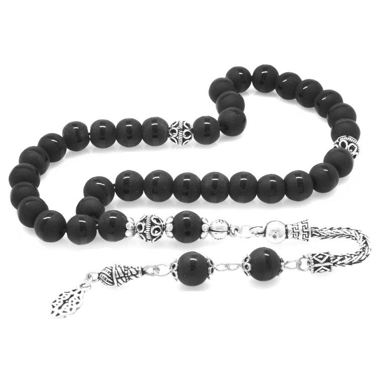 925 Sterling Silver Tasseled Onyx Natural Stone Rosary 