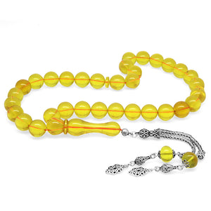 925 Sterling Silver Yellow Fire Amber Rosary with Tassels