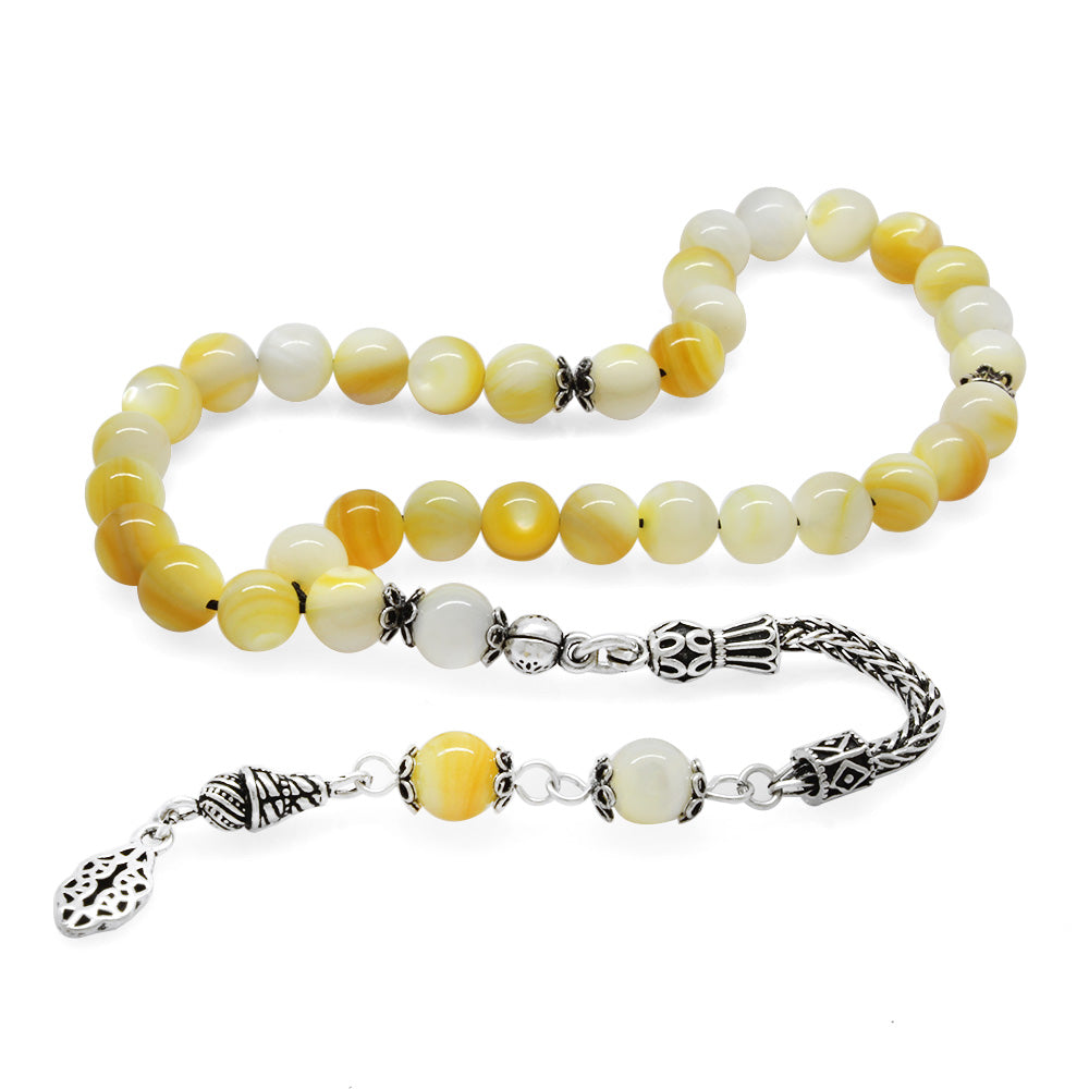 925 Sterling Silver Tasseled Yellow-White Mother of Pearl Natural Stone Prayer Beads