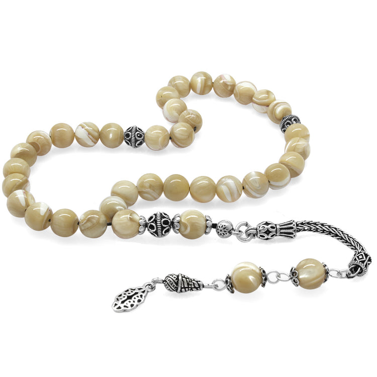 925 Sterling Silver Tasseled  Yellow Mother of Pearl Natural Stone Prayer Beads