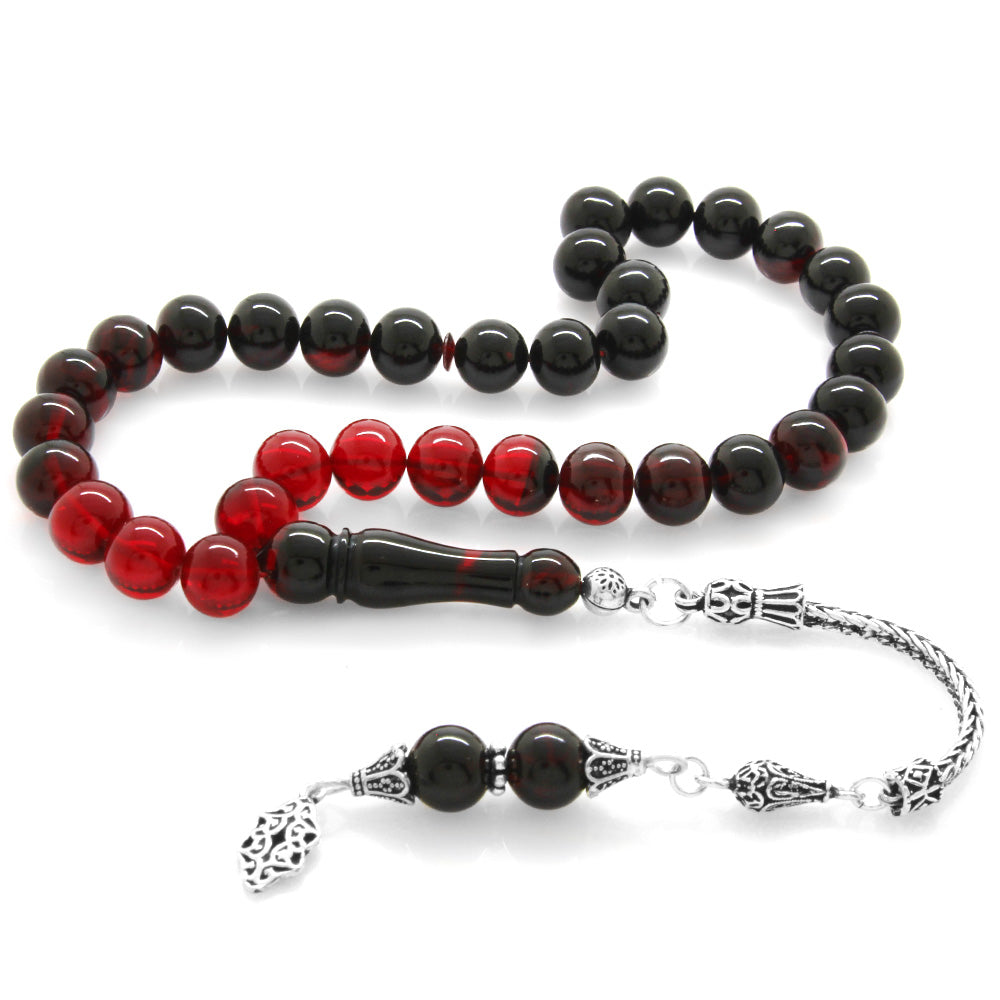 925 Sterling Silver Sphere Cut Filtered Red-Black Fire Amber Rosary with Tassels