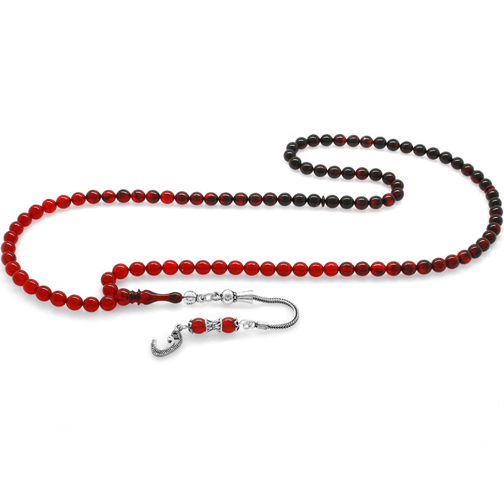925 Sterling Silver Tasseled Red-Black Amber Rosary