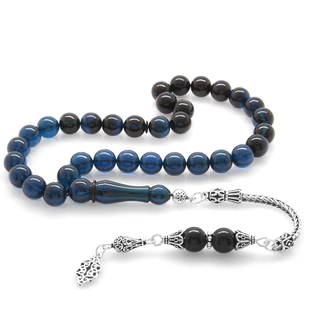 925 Sterling Silver Sphere Cut Blue-Black Pressed Amber Rosary with Tassels