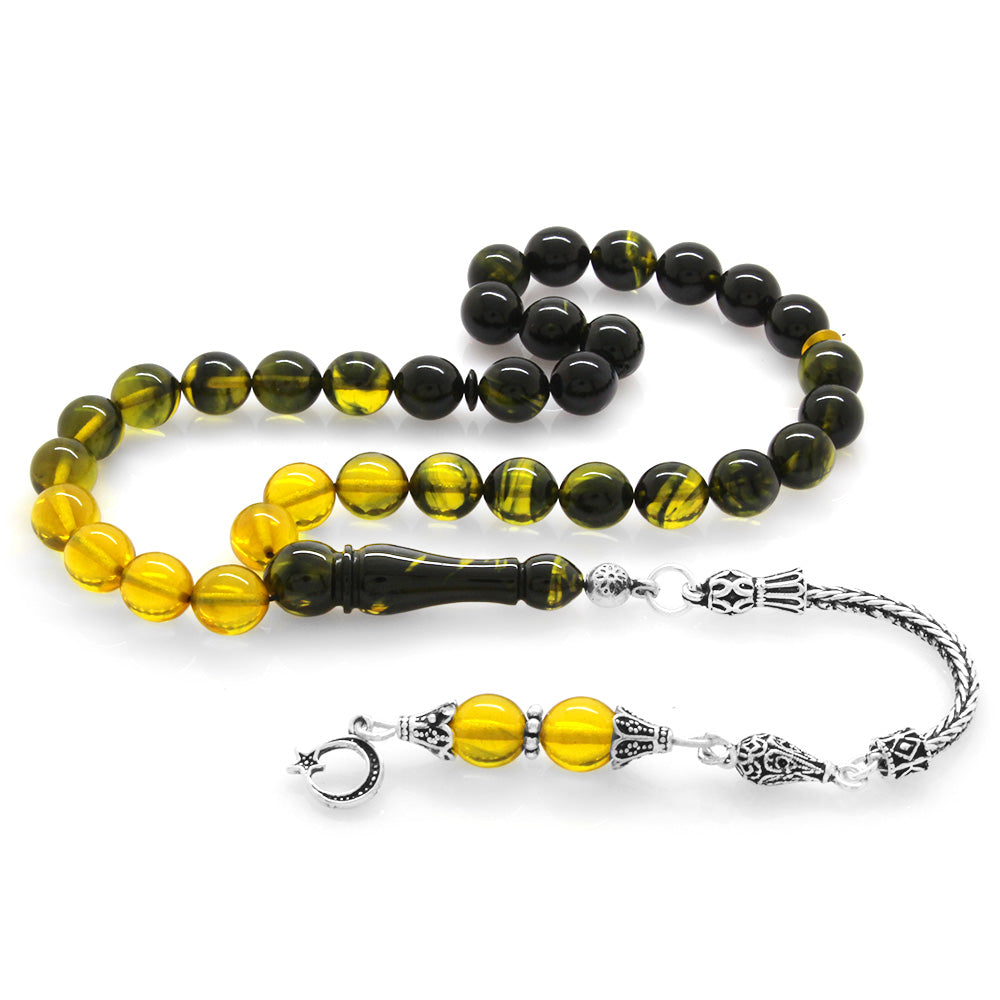 925 Sterling Silver Sphere Cut Filtered Yellow-Black Fire Amber Rosary with Tassels