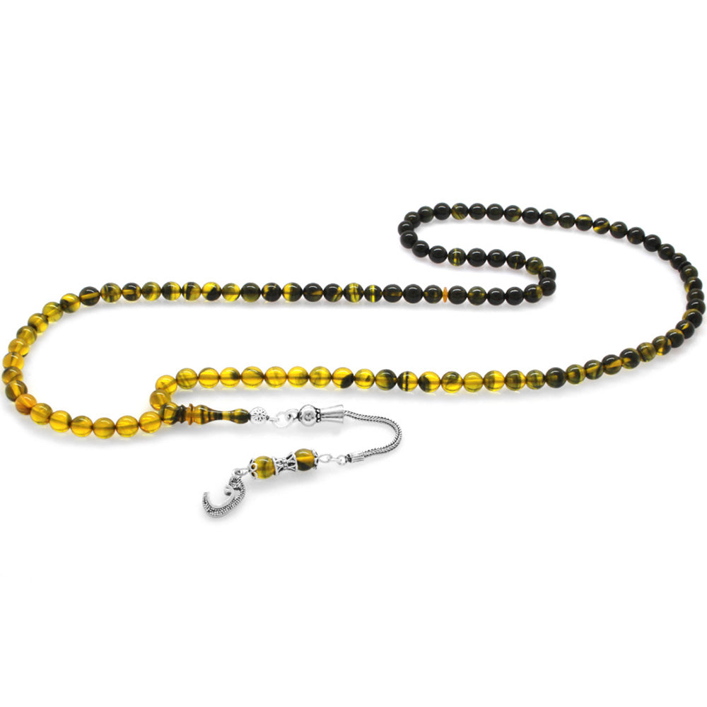 925 Sterling Silver Tasseled Yellow-Black Amber Rosary