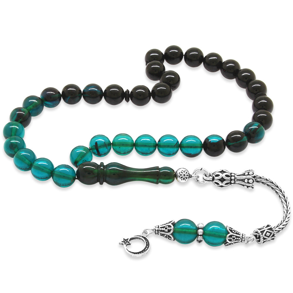 925 Sterling Silver Sphere Cut Filtered Turquoise-Black Fire Amber Rosary with Tassels