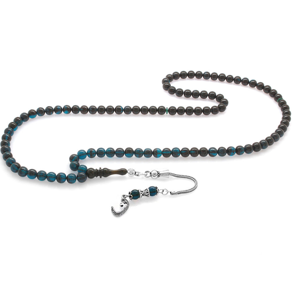 925 Sterling Silver Tasseled Turquoise-Black Amber Rosary