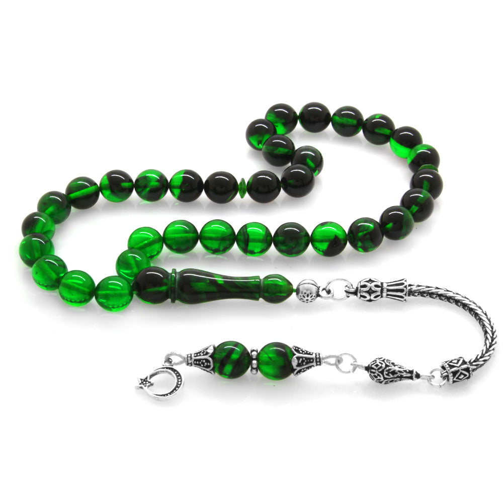 925 Sterling Silver Sphere Cut Filtered Green-Black Fire Amber Rosary with Tassels