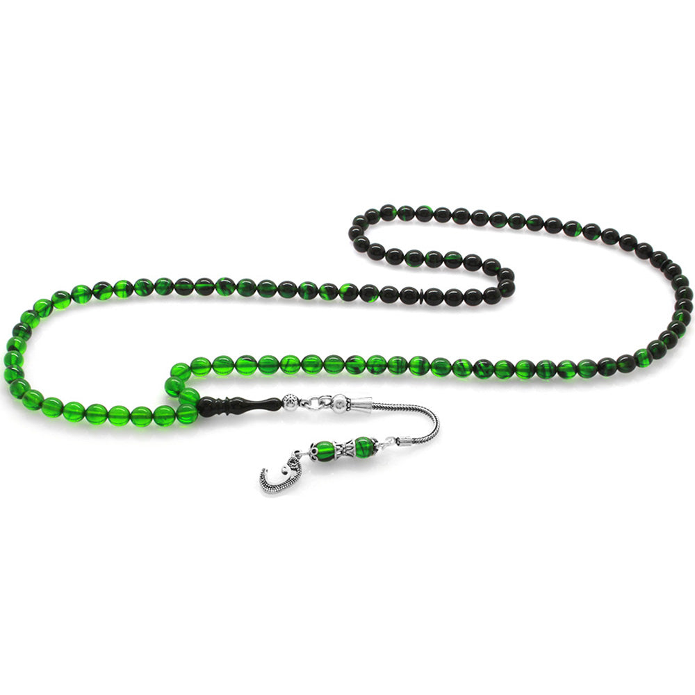 925 Sterling Silver Tasseled Green-Black Amber Rosary of 99 Counts