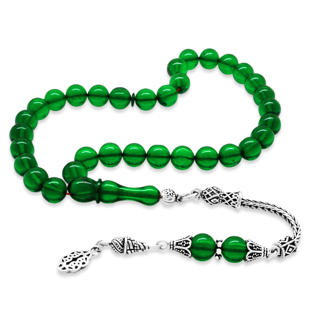 925 Sterling Silver Green Amber Rosary with Tassels