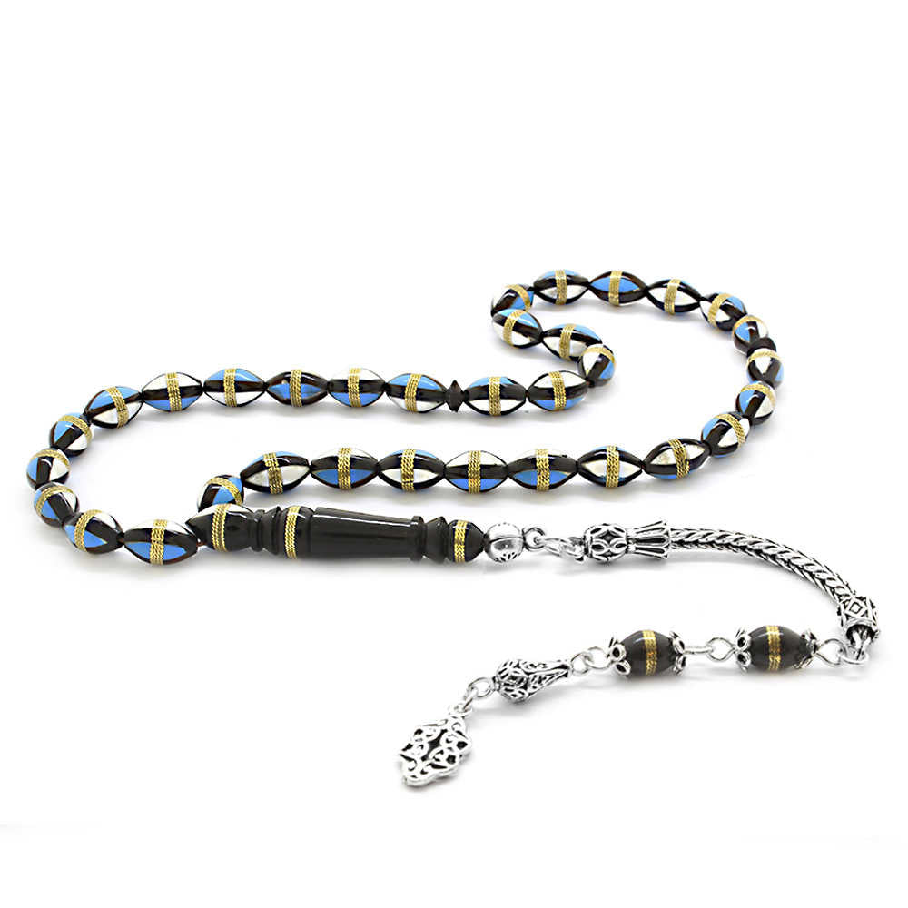 Blue-White Enamel Filled Brass Spiral Barley Cut Kuka Rosary with 925 Sterling Silver Tassels