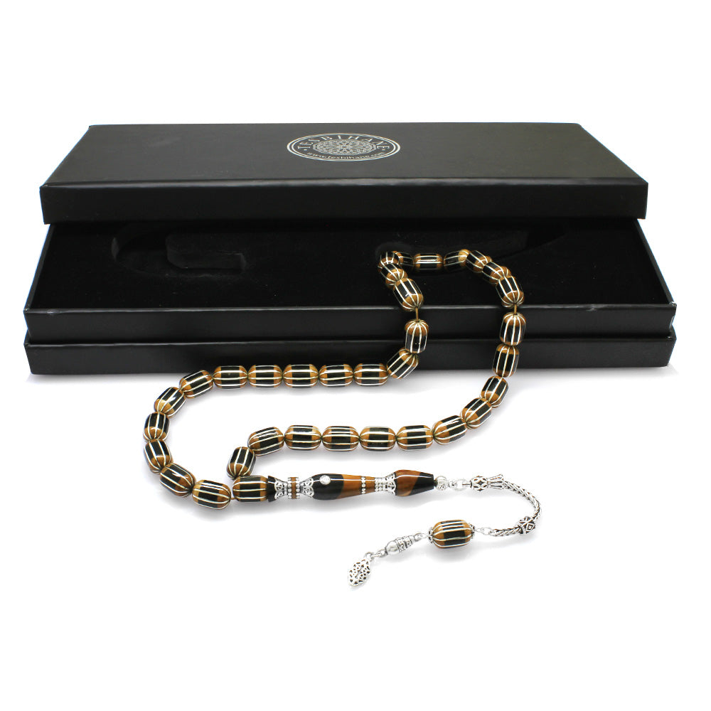 925 Sterling Silver Tasseled Embroidered Capsule Cut Erzurum Oltu Stone Prayer Beads