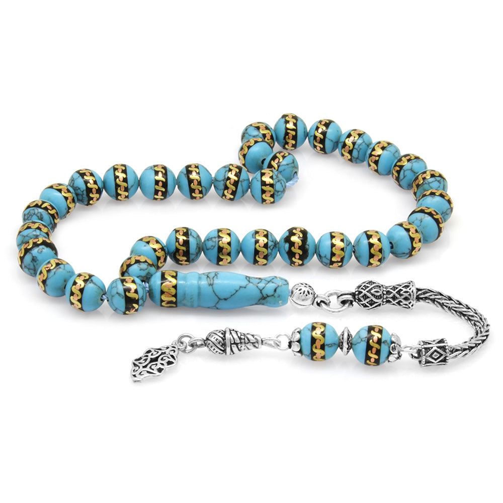 925 Sterling Silver Tasseled Spiral Oltu-Brass Embroidered Turquoise Natural Stone Prayer Beads