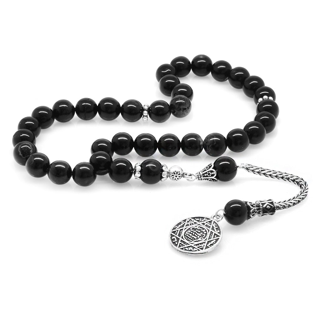 Silver Solomon Agate Natural Stone Rosary with King Tassels