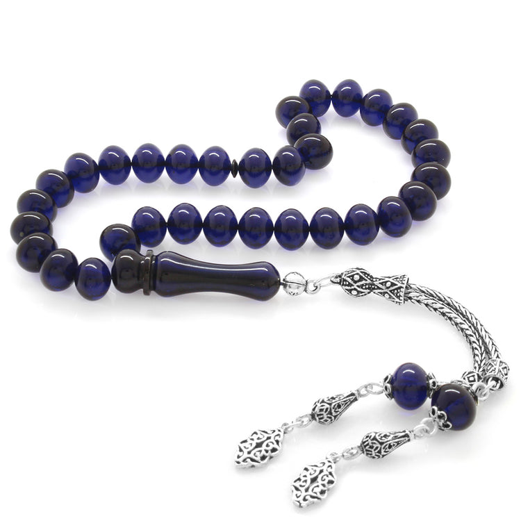 925 Sterling Silver Tasseled Dark Blue Crimped Amber Rosary