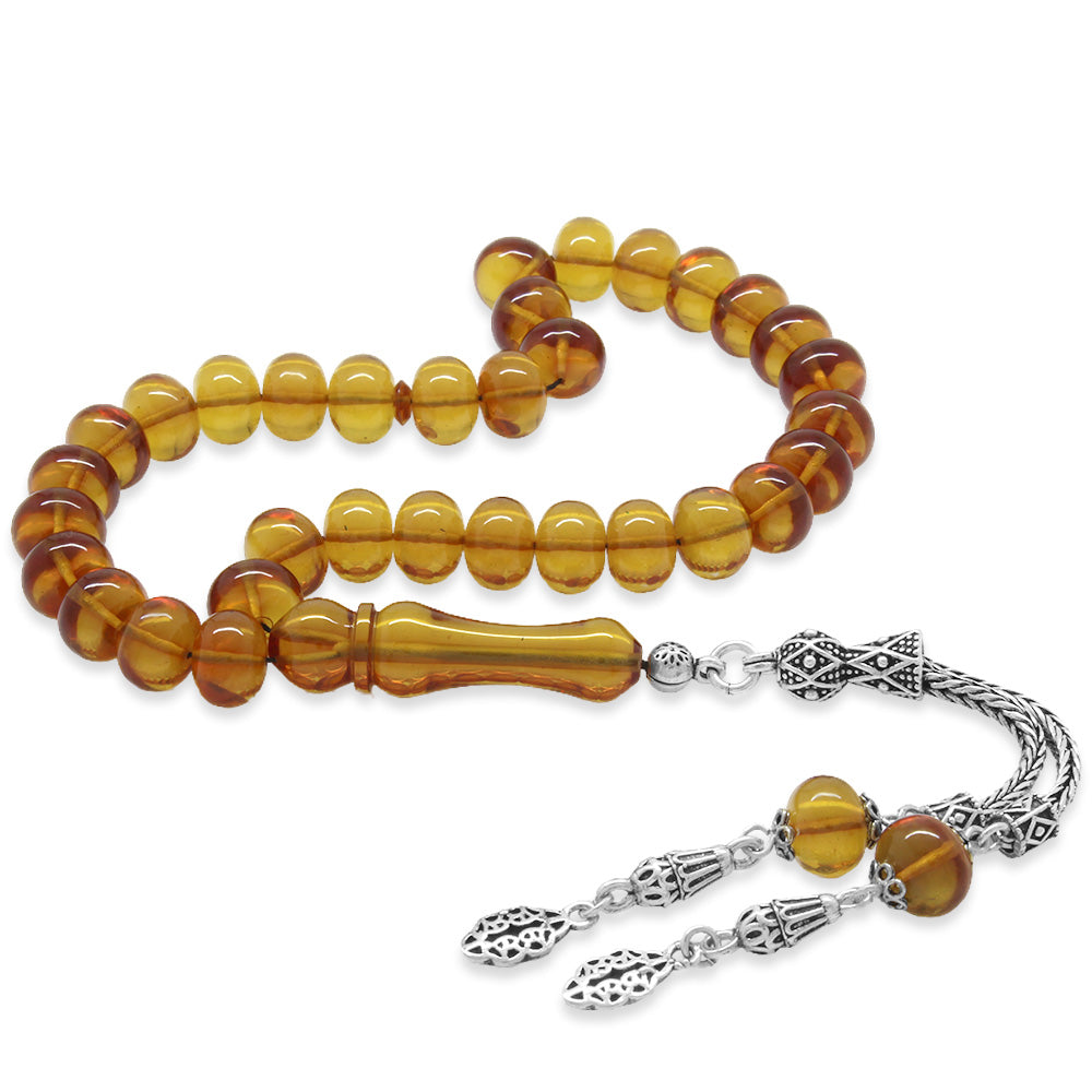 925 Sterling Silver Tasseled Wheel Cut Yellow Fire Amber Rosary