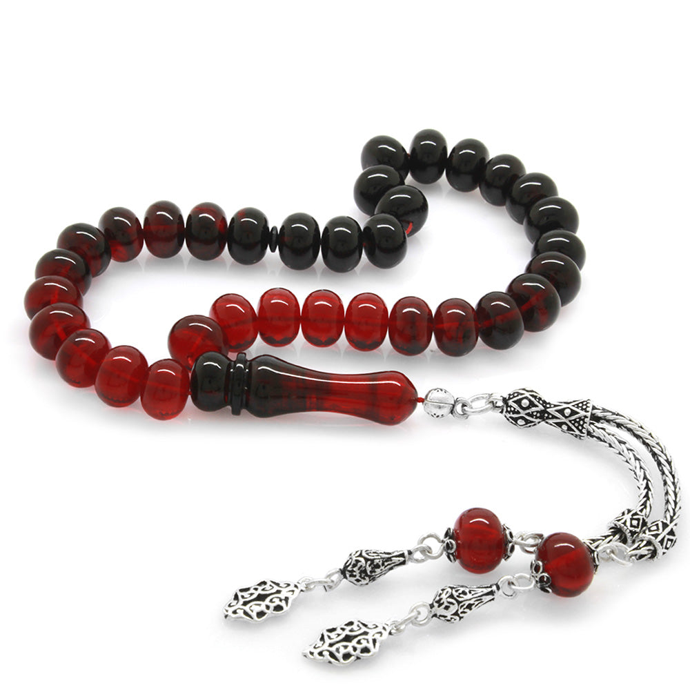 925 Sterling Silver Tasseled Wheel Cut Filtered Red-Black Fire Amber Rosary