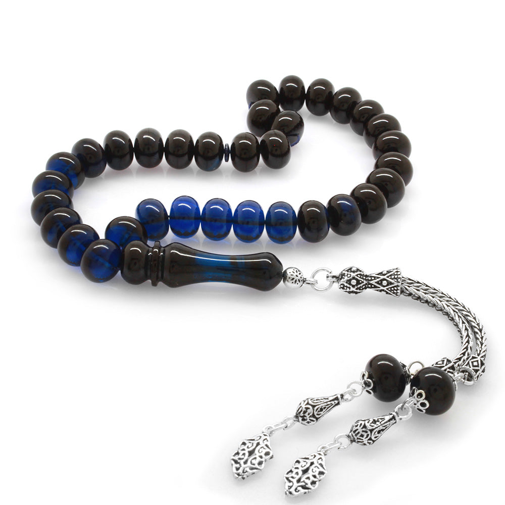 925 Sterling Silver Tasseled Blue-Black Crimped Amber Rosary