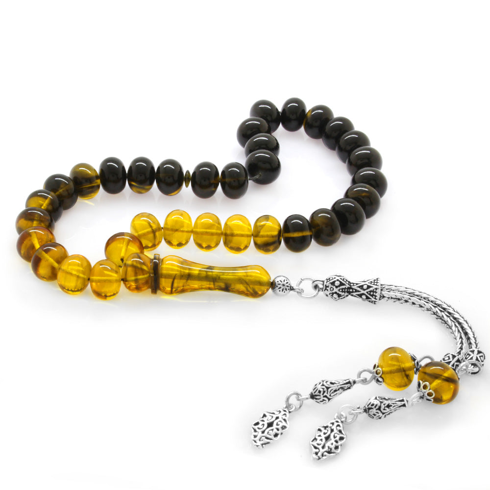925 Sterling Silver Tasseled Wheel Cut Filtered Yellow-Black Fire Amber Rosary