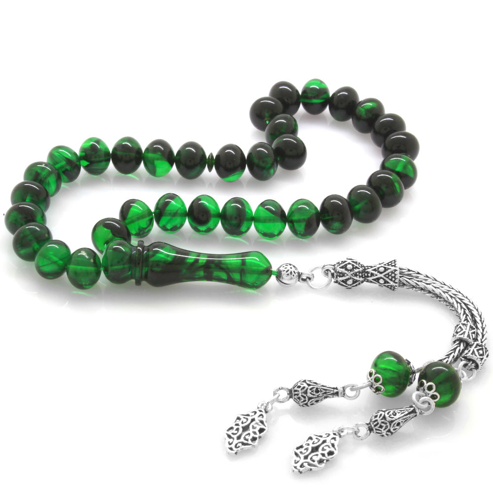 925 Sterling Silver Tasseled Wheel Cut Green-Black Fire-Black Amber Rosary