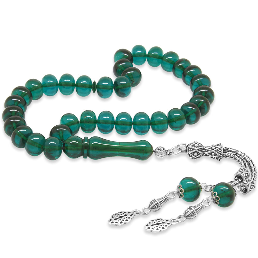 925 Sterling Silver Tasseled Wheel Cut Filtered Turquoise Fire Amber Rosary